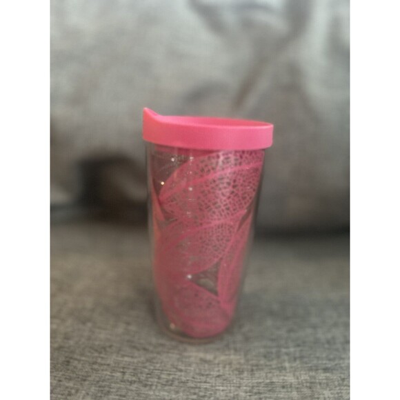 Tervis Tumbler Pink Leaves Pink Lid 16 Oz Tropical Double Wall Insulated - Picture 1 of 7
